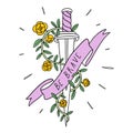 Sword, roses and ribbon with be brave lettering, vector illustration