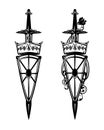 Sword,royal crown, rose flower and antique shield black and white heraldic design set