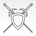Sword shield / Crossed sword sheath in the shield - vector line art icon on a transparent background