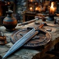 Sword And Shield On Stone Table In Medieval Workshop Royalty Free Stock Photo
