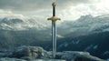 A sword is sitting on top of a rock in front of mountains, AI Royalty Free Stock Photo