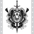 Sword with skull front view without a lower jaw in center between wings and cross torches. Heraldic vintage label isolated