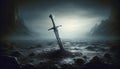 Sword in Stone on Dark Fantasy Landscape Royalty Free Stock Photo