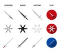 Sword, two-handed sword, gas balloon, shuriken. Weapons set collection icons in cartoon,black,outline,flat style vector Royalty Free Stock Photo