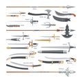 Sword vector medieval weapon of knight with sharp blade and pirates knife illustration broadsword set of battle-axe or