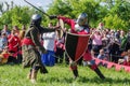 The swordfight heavily armed medieval warriors