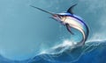 Swordfish against ocean waves background.