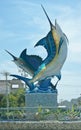 Swordfish marlin fish pez vela sculpture on the street in a town by the beach outside a restaurant bar hotel
