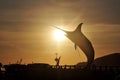 Swordfish Marlin statue located on small roundabout Kota Kinabalu seafront with sunlight of sunset time for malaysian people and