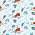 Swordfish and seaweed contrast textile print. Vector underwater life pattern. Oceam plants and fish elements. Deep water