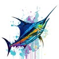 A swordfish vibrant colorful illustration speeding through the water, on white background