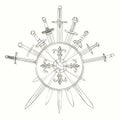 Swords cross crosswise and shields (drawn in ink). Royalty Free Stock Photo