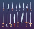 Swords. Fairytale weapons for battle cartoon war with cutting and stabbing swords and knifes exact vector illustrations