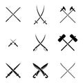 Swords Set. Collection of Crossed Knight Sword Ancient Weapon silhouettes Design