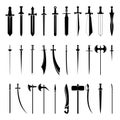Swords Set. Collection of Knight Sword Ancient Weapon silhouettes Design Royalty Free Stock Photo