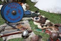 Swords, shields, helmets and armor on sale at the re-enactment of the Battle of Hastings in the UK