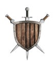 Swords and wooden shield isolated