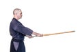 Swordsman in attacking position with bamboo sword `sinai` for J Royalty Free Stock Photo