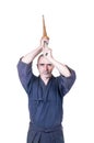 Swordsman in attacking position with bamboo sword `sinai` for J Royalty Free Stock Photo