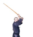 Swordsman in attacking position with bamboo sword `sinai` for J Royalty Free Stock Photo