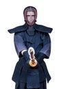 Swordsman in attacking position and protective equipment `bogu`