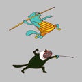 Swordsman cat illustration. Pole vaulter.