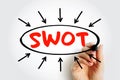 SWOT analysis acronym text with arrows - strategic management technique used to help a person or organization identify strengths, Royalty Free Stock Photo