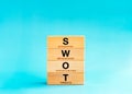 SWOT analysis concept. Four elements with text, Strengths, Weaknesses, Opportunities, Threats on wooden block stack. Royalty Free Stock Photo