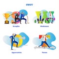 SWOT analysis vector illustration. Colorful letters collection set meaning of strengths, weaknesses, opportunities and threats.