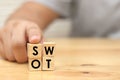 SWOT Strength Weakness Opportunity and Threats writing on wooden cube blocks, word text typography arrange on wood table