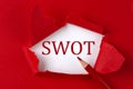 SWOT text on the red torn paper with red pencil Royalty Free Stock Photo