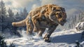 A sy and resilient smilodon its powerful body covered in thick fur to withstand the freezing temperatures of the Ice Age