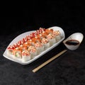 Syake sushi set. Rolls Philadelphia, Baked Rolls with salmon and California with salmon Royalty Free Stock Photo