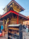 Syambhunath Temple, kathmandu, Nepal - 03.02.2023: Candles and people around the famous monkey Temple of Kathmandu, Nepal with the