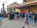 Syambhunath Temple, kathmandu, Nepal - 03.02.2023: Foreign tourists visiting the famous Syambhunath monkey temple which is the