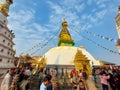 Syambhunath Temple, kathmandu, Nepal - 03.02.2023: People and tourists at the famous Syambhunath monkey Temple of Kathmandu, Nepal
