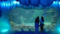 SYDNEY, AUSTRALIA - DEC, 10, 2020: two girls watch large fish swimming in a tank at sealife aquarium