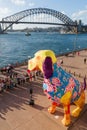 Huge lantern dog figure in front of the Opera house with view to the Harbour bridge for lunar new year in Sydney, Australia