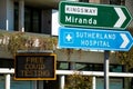 Free COVID-19 testing. Coronavirus testing clinic sign on the street near Sutherland hospital in Royalty Free Stock Photo