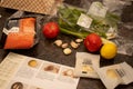 Hello Fresh meal kit and recipe card on a kitchen countertop
