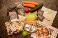 Hello Fresh meal kit and recipe card on a kitchen countertop