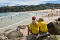 SYDNEY, AUSTRALIA - JANUARY 13, 2018: Lifeguards patrolling Freshwater Beach Australia. Freshwater Beach in Sydney is patrolled b