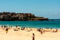 Sydney, Australia - January 13, 2009: People relaxing on the Bondi Beach, Australia. Bondi Beach is one of the most famous places Royalty Free Stock Photo