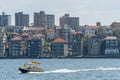 SYDNEY, AUSTRALIA - NOVEMBER 05, 2014: Sydney Business Architecture. Harbour with Yellow Water Taxi. Royalty Free Stock Photo