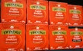 Display of Twinings English Breakfast tea 20g packs on a shelf in grocery store