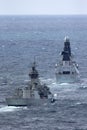 HMAS Perth FFH 157 Anzac-class frigate of the Royal Australian Navy sailing with Royal Navy ship HMS Daring