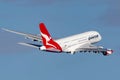 Qantas Airbus A380 large four engined passenger aircraft taking off from Sydney Airport