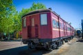 The old train red carriage is displayed at Locomotive Workshop Australian Technology Park.