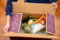 Open Dinnery cardbord box with meal kits. Australian subscription delivery meal kit service