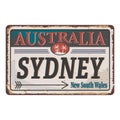 Sydney australia rusty metal sign on a white background